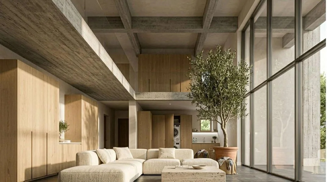Ambiance d'un salon en double hauteur, bois clair, béton brut et olivier