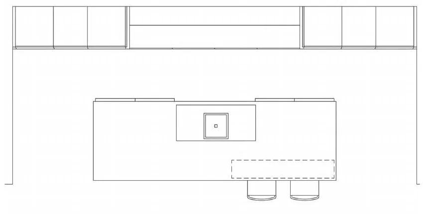Plan de cuisine avec îlot central et deux tabourets