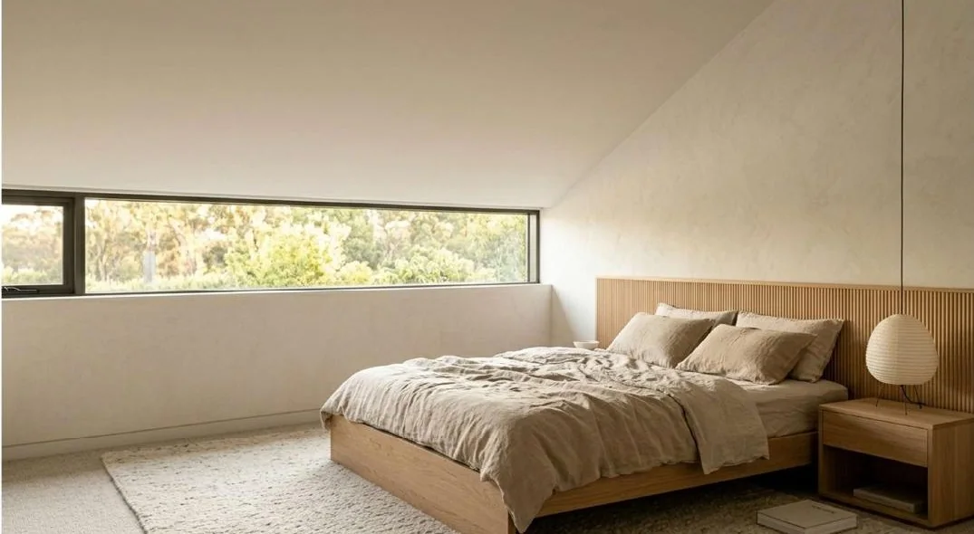 Ambiance d'une chambre aux tons naturels avec tête de lit en lames de bois