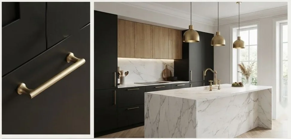 Étude de style d'une cuisine : façades noir mat, chêne chaud, laiton brossé et îlot en marbre Calacatta