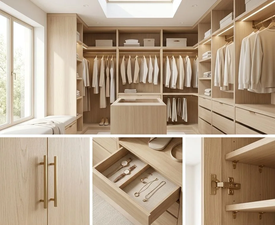 Étude de style d'un dressing en chêne clair avec poignées en laiton brossé