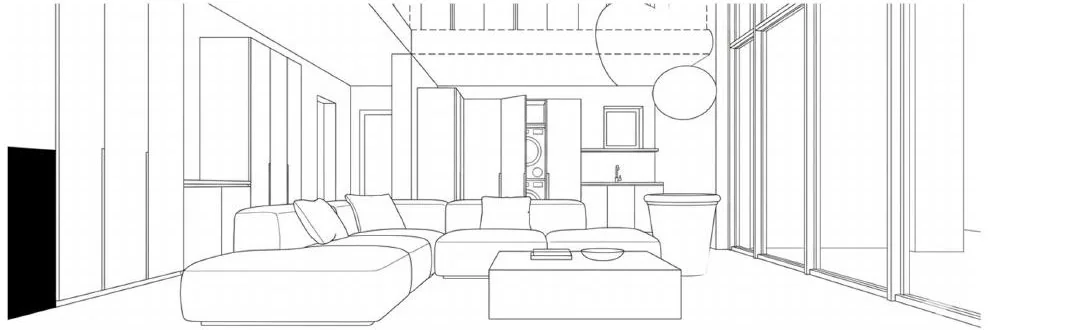 Croquis en perspective d'un salon en double hauteur avec canapé d'angle et grandes baies