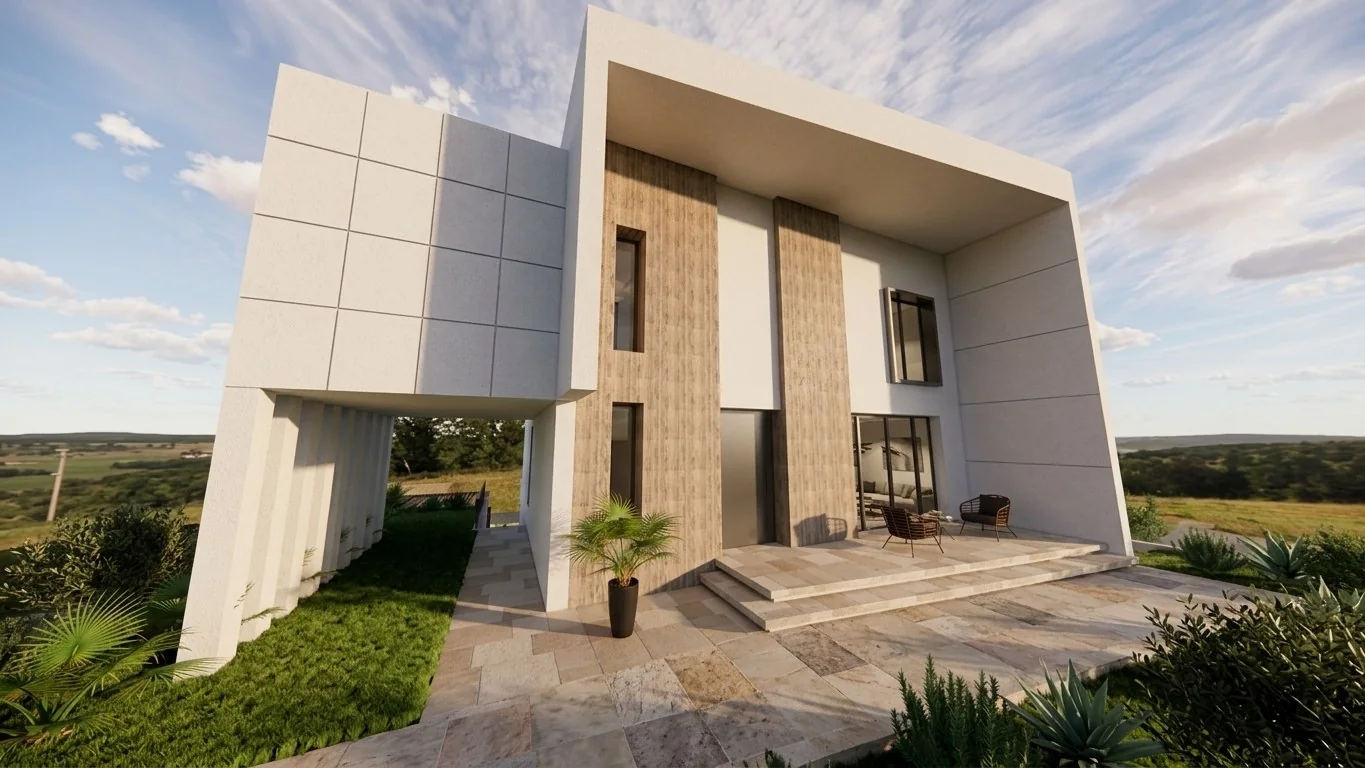 Façade d'une villa privée contemporaine, volumes enduits blancs et lames de bois