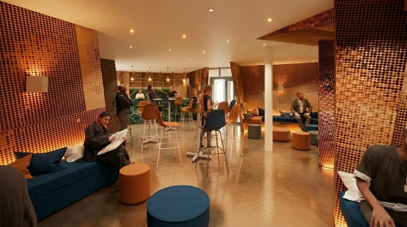 Espace d'attente et de détente avec banquettes, poufs et parois cuivrées éclairées
